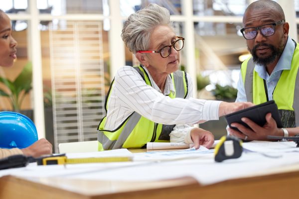 Meeting, tablet planning and engineering people with blueprint for teamwork, collaboration and online progress. Project management, digital tech and manager, woman or group with architecture design.